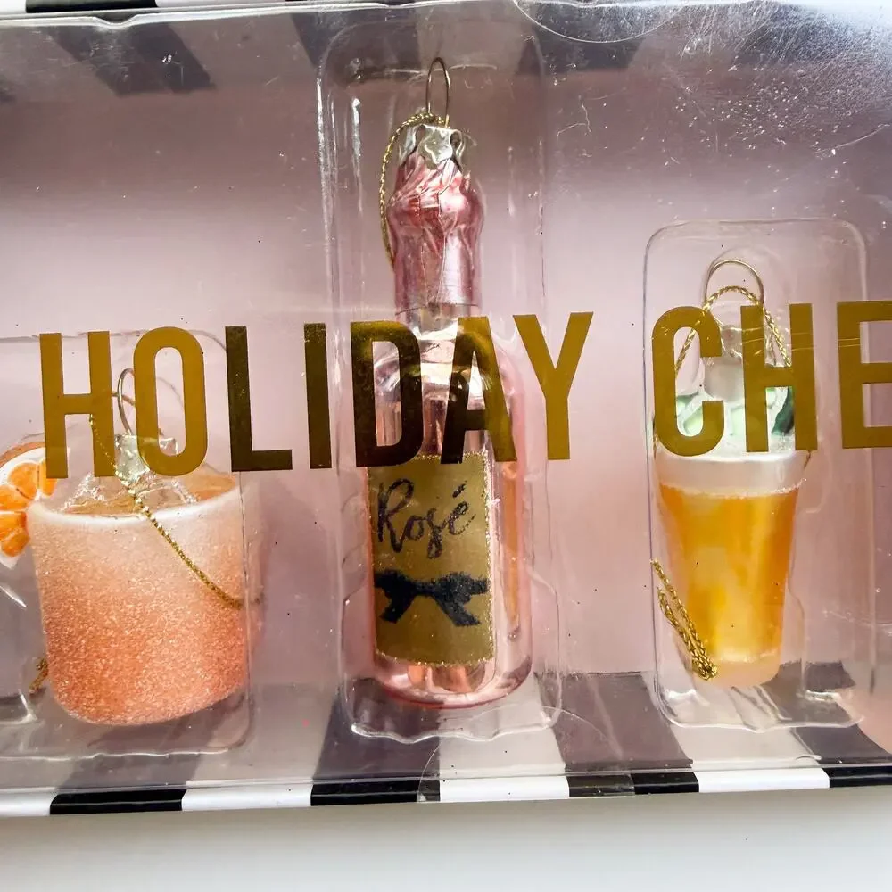 New Set of 4 Holiday Cheer Cocktails Drinks Glass Christmas Ornaments